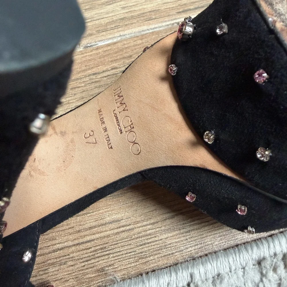 Jimmy Choo Black Suede Rhinestone Heels Platform Ankle Strap Pink Crystal